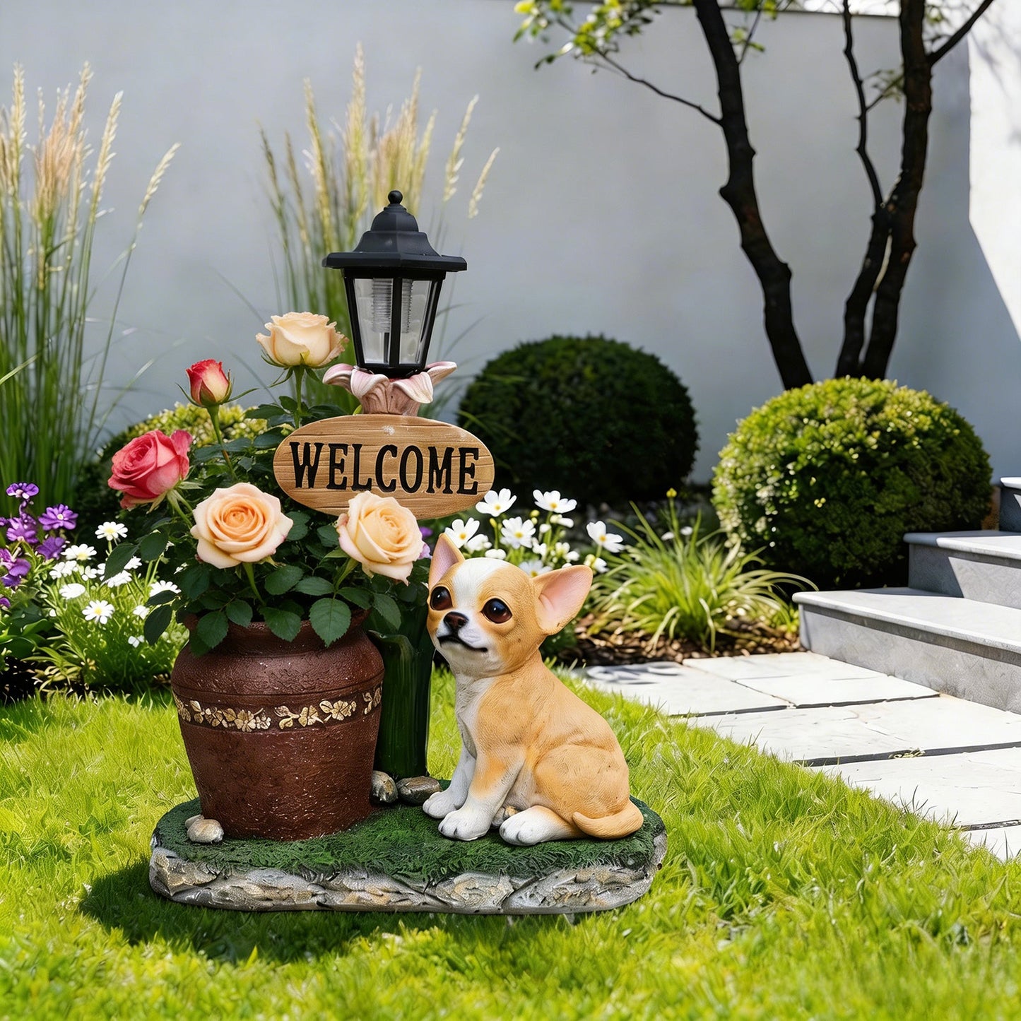 Sitting Corgi Dog Planter with lantern and welcome sign among roses in garden on Tampa Home & Garden Store
