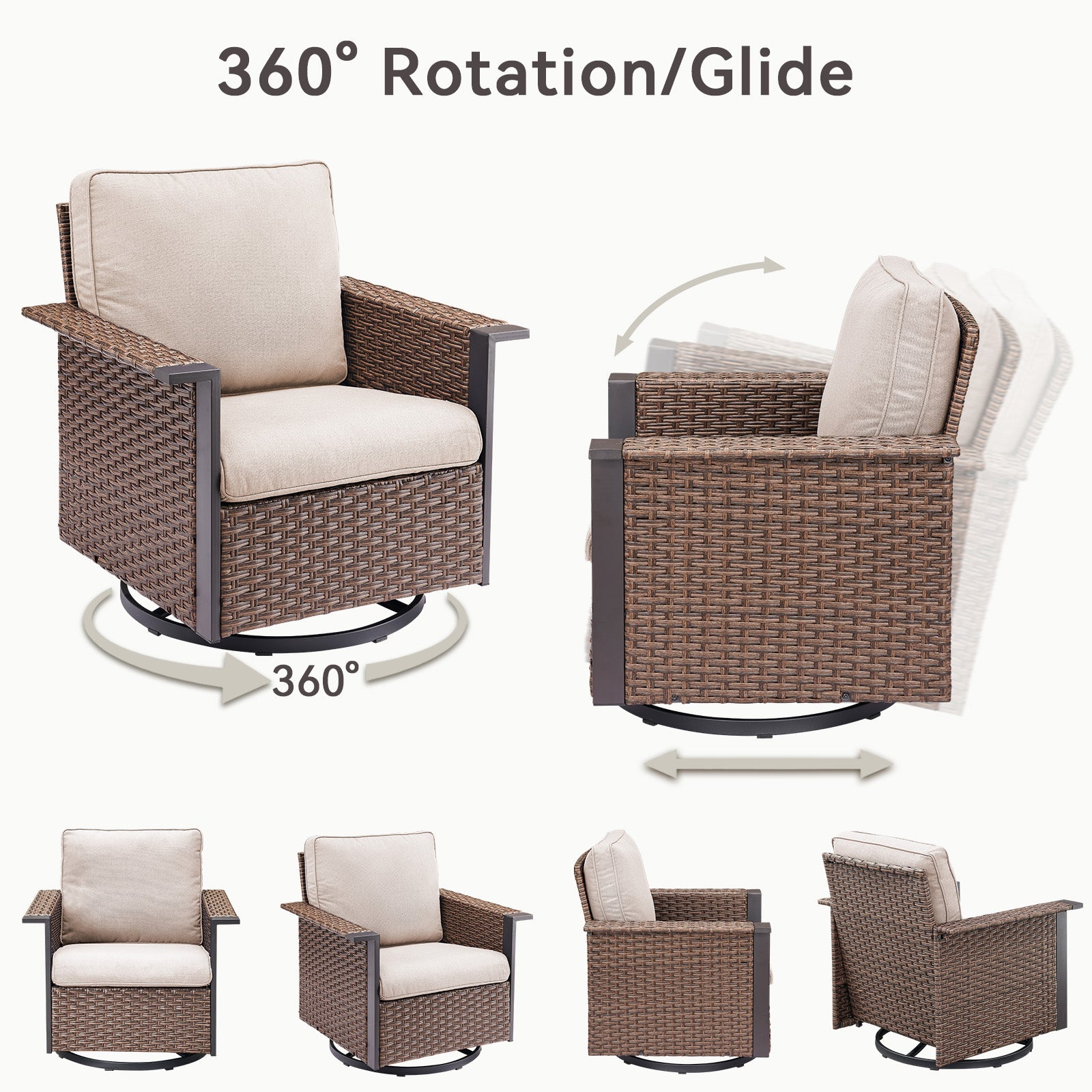 Outdoor swivel rocking chairs in brown wicker with beige cushions, HouseOfZazla on Tampa Home & Garden Store