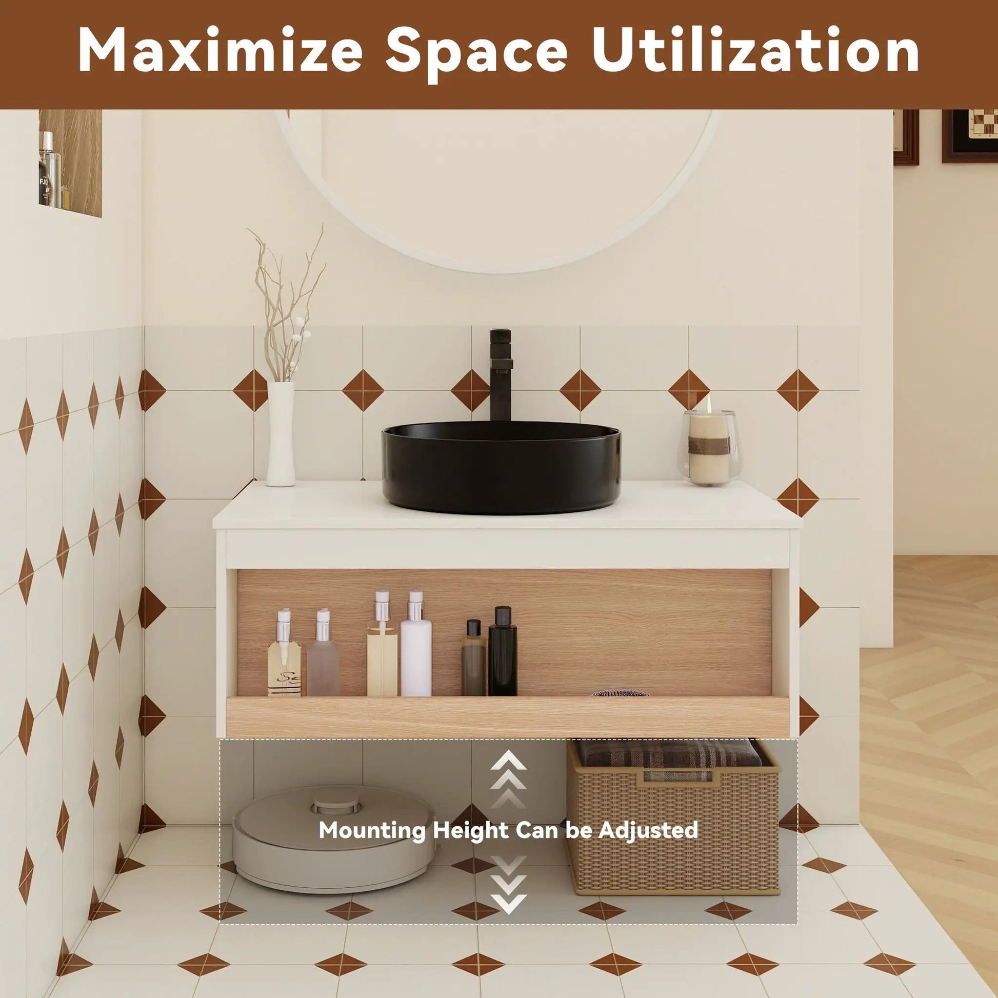 Floating vanity with glossy black round vessel sink on white countertop Unique Piece Furniture on Tampa Home & Garden Store