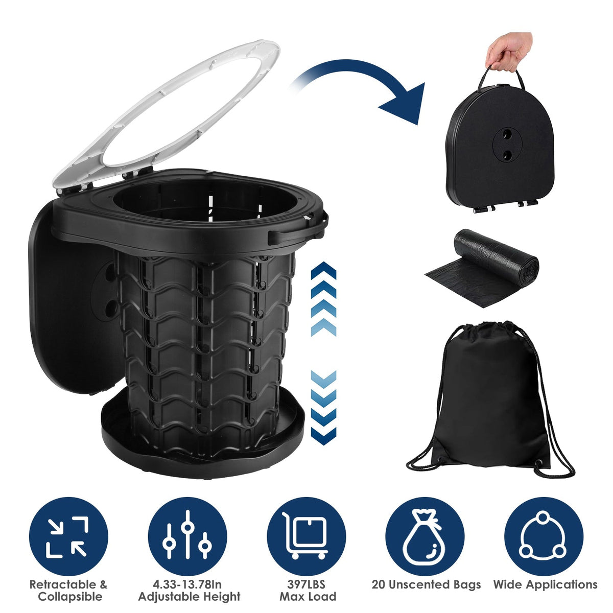 GemGear retractable portable toilet potty with adjustable height lid and 20 unscented bags on Tampa Home & Garden Store