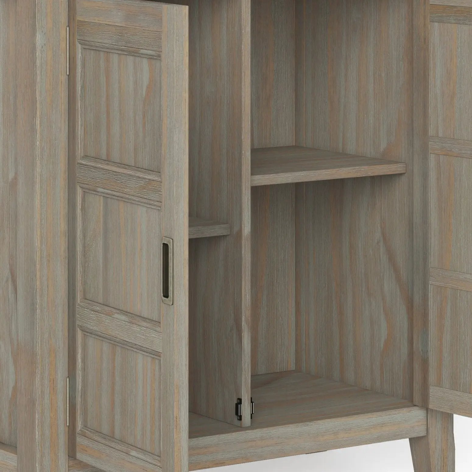 Burlington handcrafted low storage cabinet in weathered gray wood with interior shelf on Tampa Home & Garden Store
