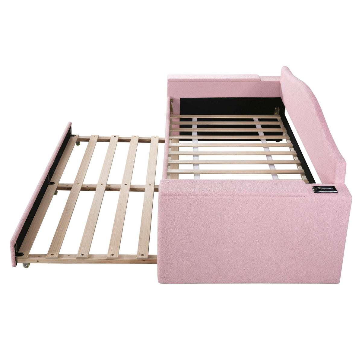 Upholstered pink daybed with storage armrests and trundle by HouseOfZazla on Tampa Home & Garden Store
