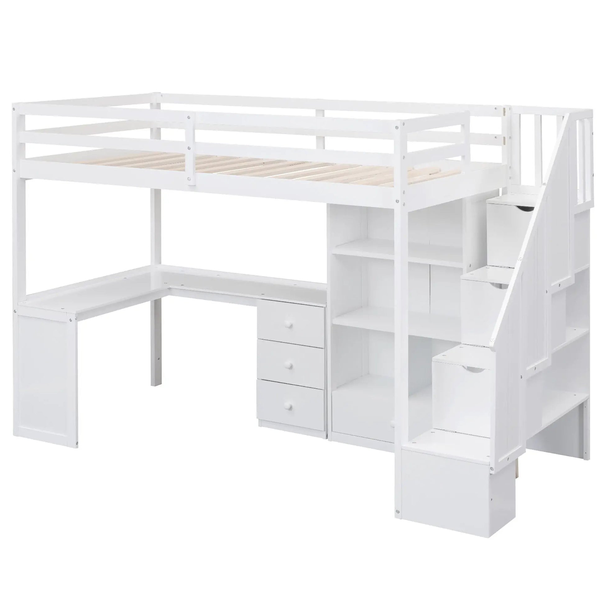 Loft bed with L-shaped desk, built-in storage stairs and drawers in white finish on Tampa Home & Garden Store