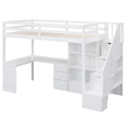 Loft bed with L-shaped desk, built-in storage stairs and drawers in white finish on Tampa Home & Garden Store