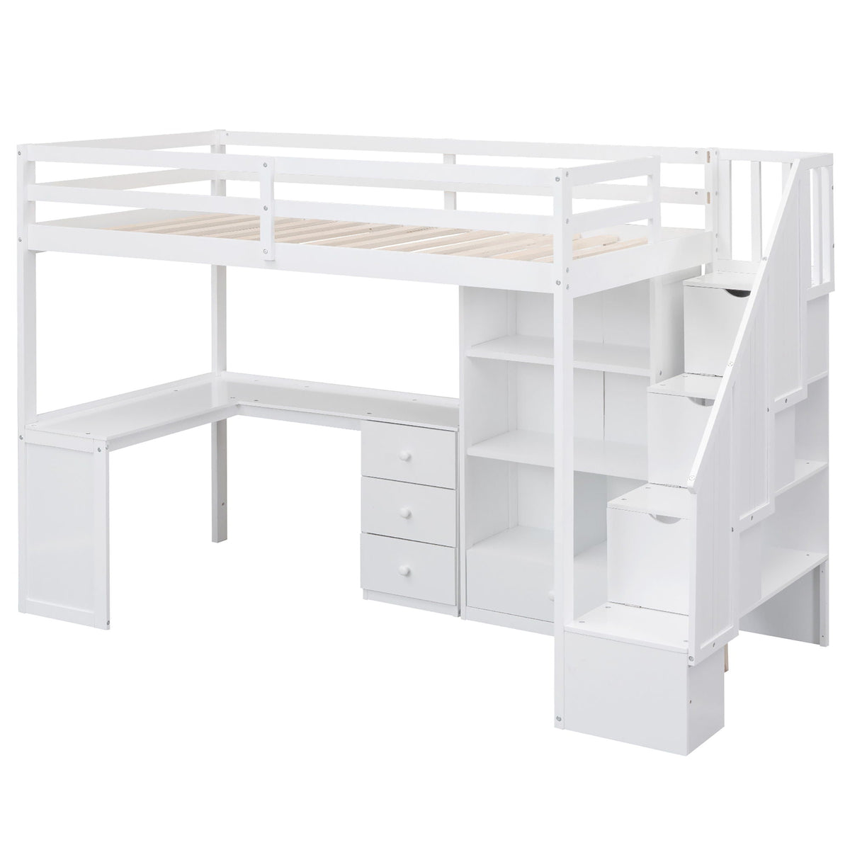 Loft bed with L-shaped desk, drawers, cabinet and storage staircase in white by HouseOfZazla on Tampa Home & Garden Store