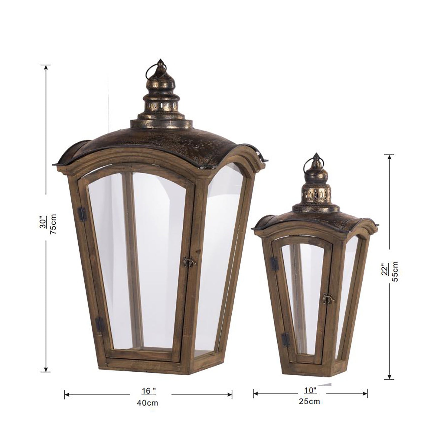 S/2 Coach House Lanterns by HouseOfZazla; wooden frames, bronze tops, glass panes on Tampa Home & Garden Store