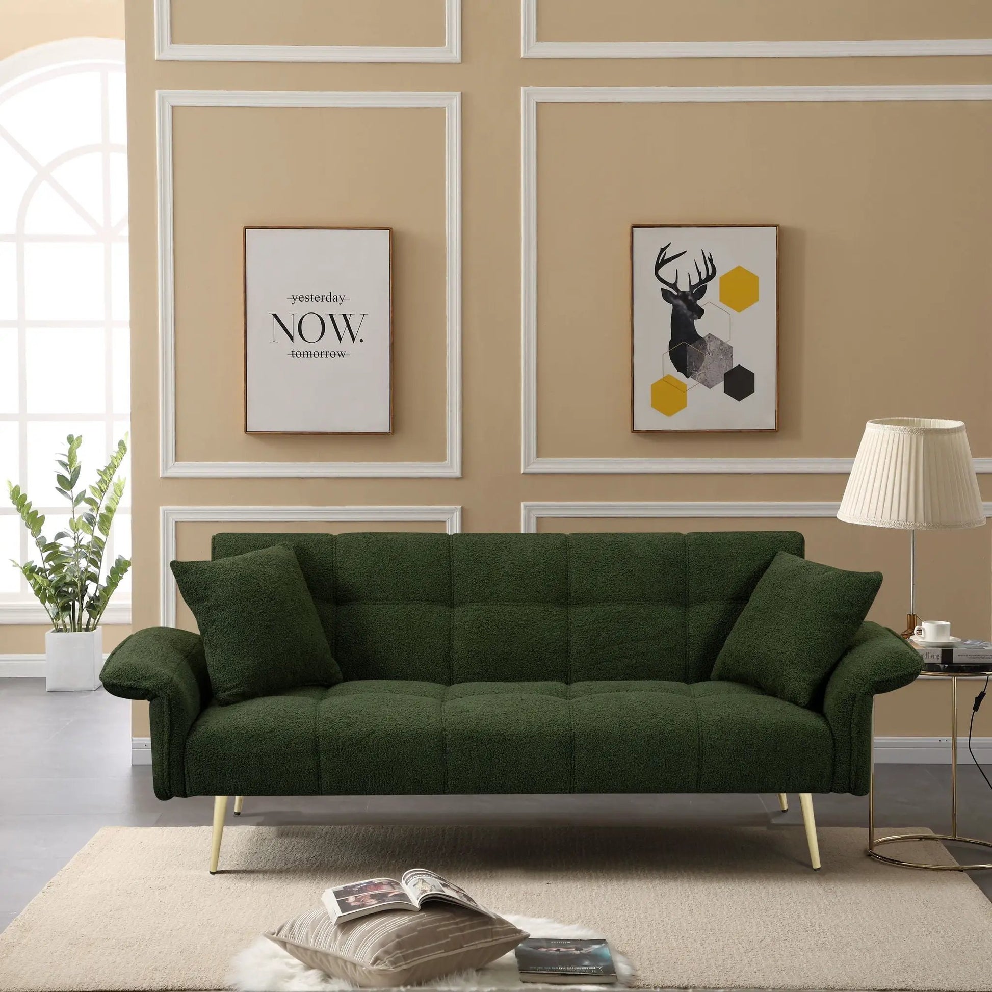 Convertible double futon sofa bed in dark green fabric with folding armrests on Tampa Home & Garden Store