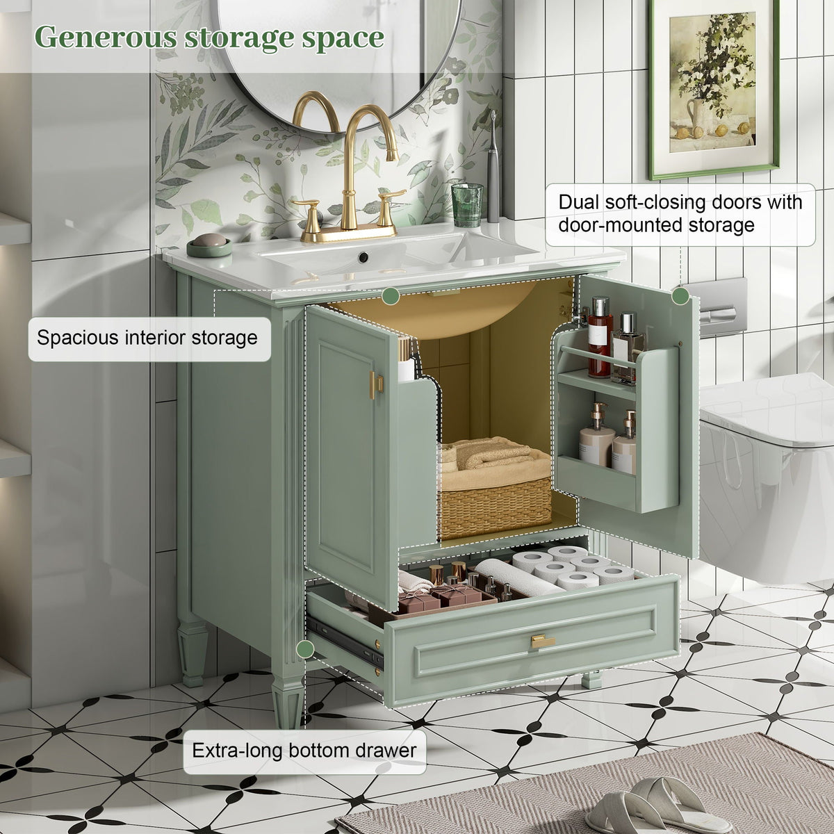 HouseOfZazla freestanding vanity with soft-close doors and drawer in green on Tampa Home & Garden Store