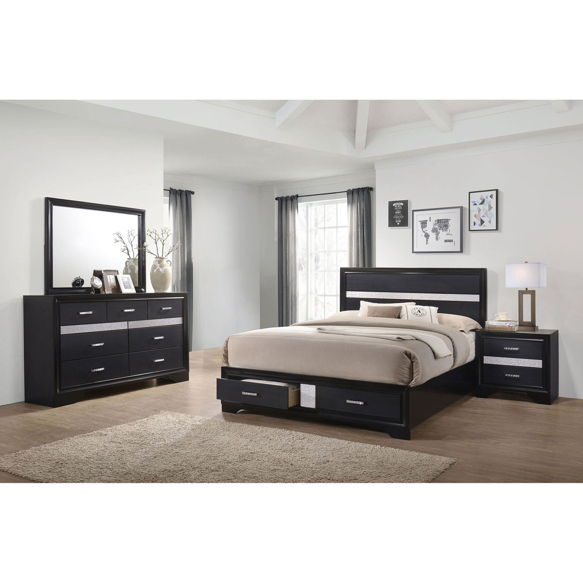 Annie 4-Piece Bedroom Set black wood by HouseOfZazla; bed, dresser, mirror, nightstand on Tampa Home & Garden Store