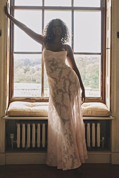 Sexy flowers lace suspender dress pale pink with slim back lace-up for evening wear on Tampa Home & Garden Store