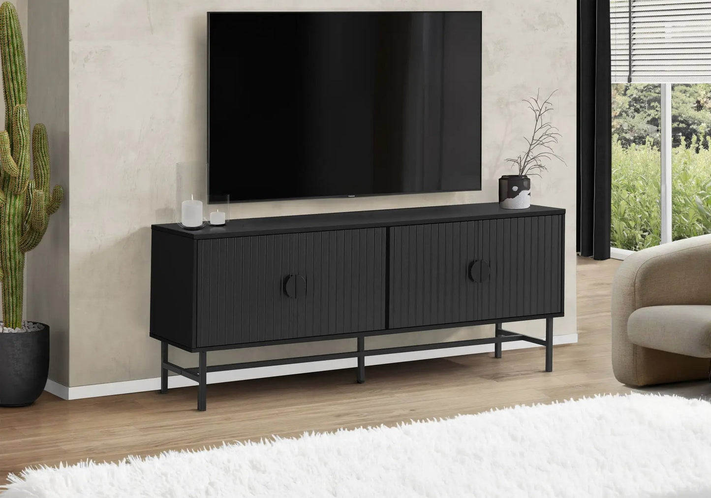 TV stand console with black ribbed storage cabinet and metal legs on Tampa Home & Garden Store