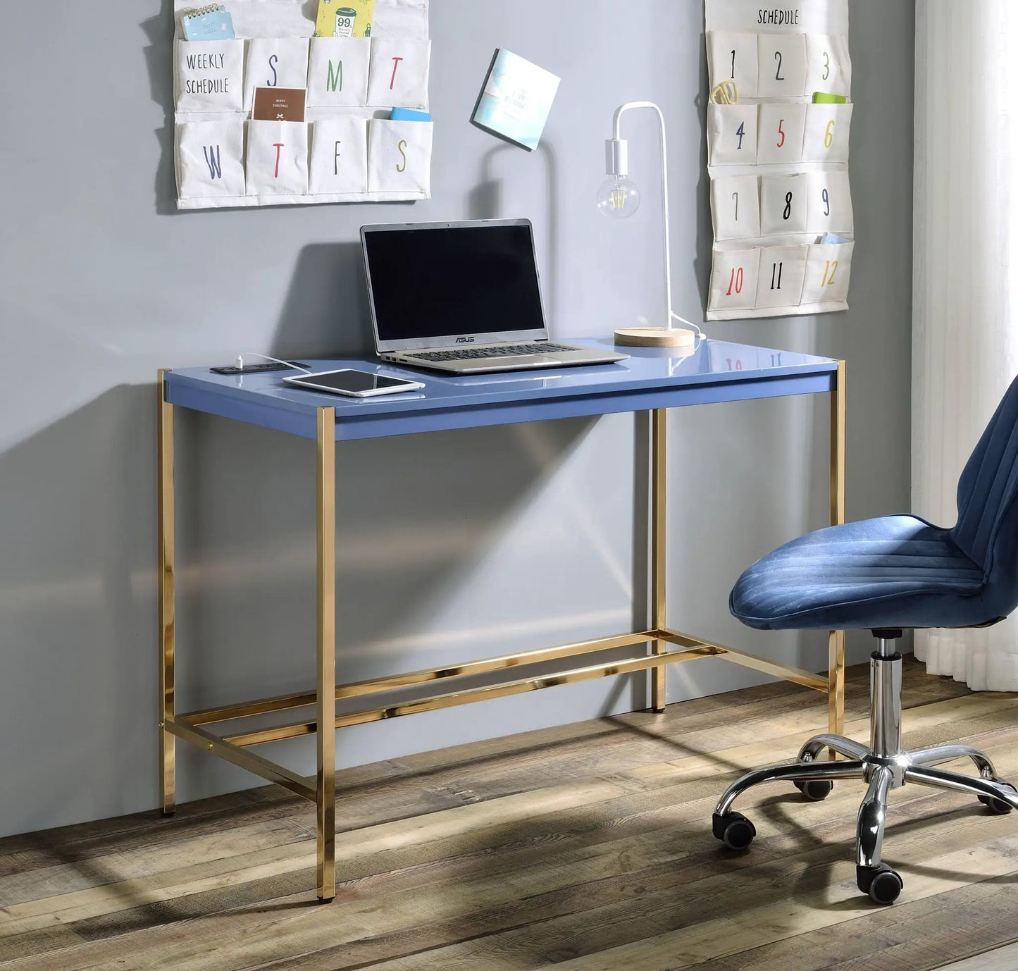 Midriaks writing desk with USB, blue top and gold metal legs, Unique Piece Furniture on Tampa Home & Garden Store