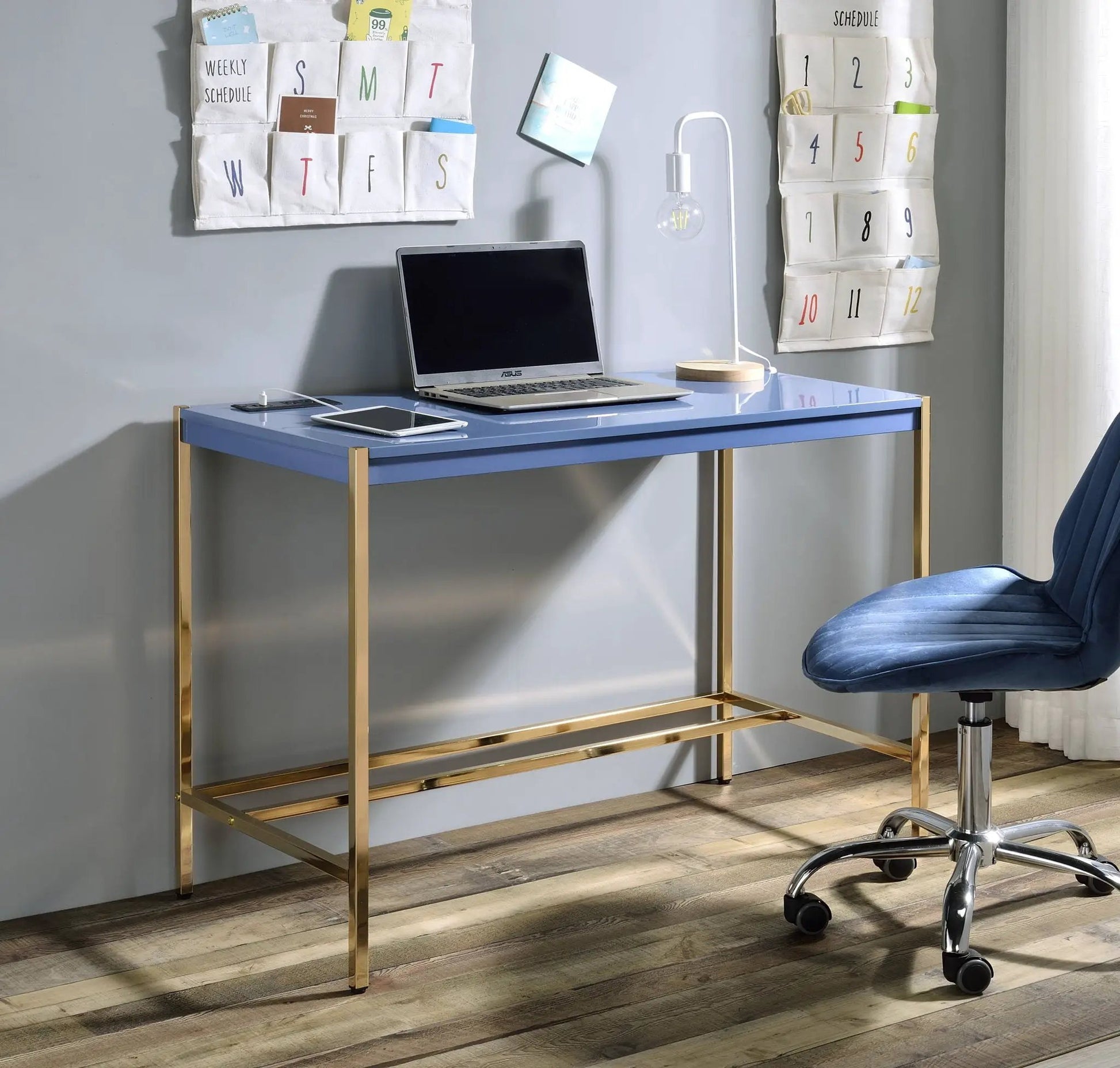 Midriaks writing desk with USB, blue top and gold metal legs, Unique Piece Furniture on Tampa Home & Garden Store