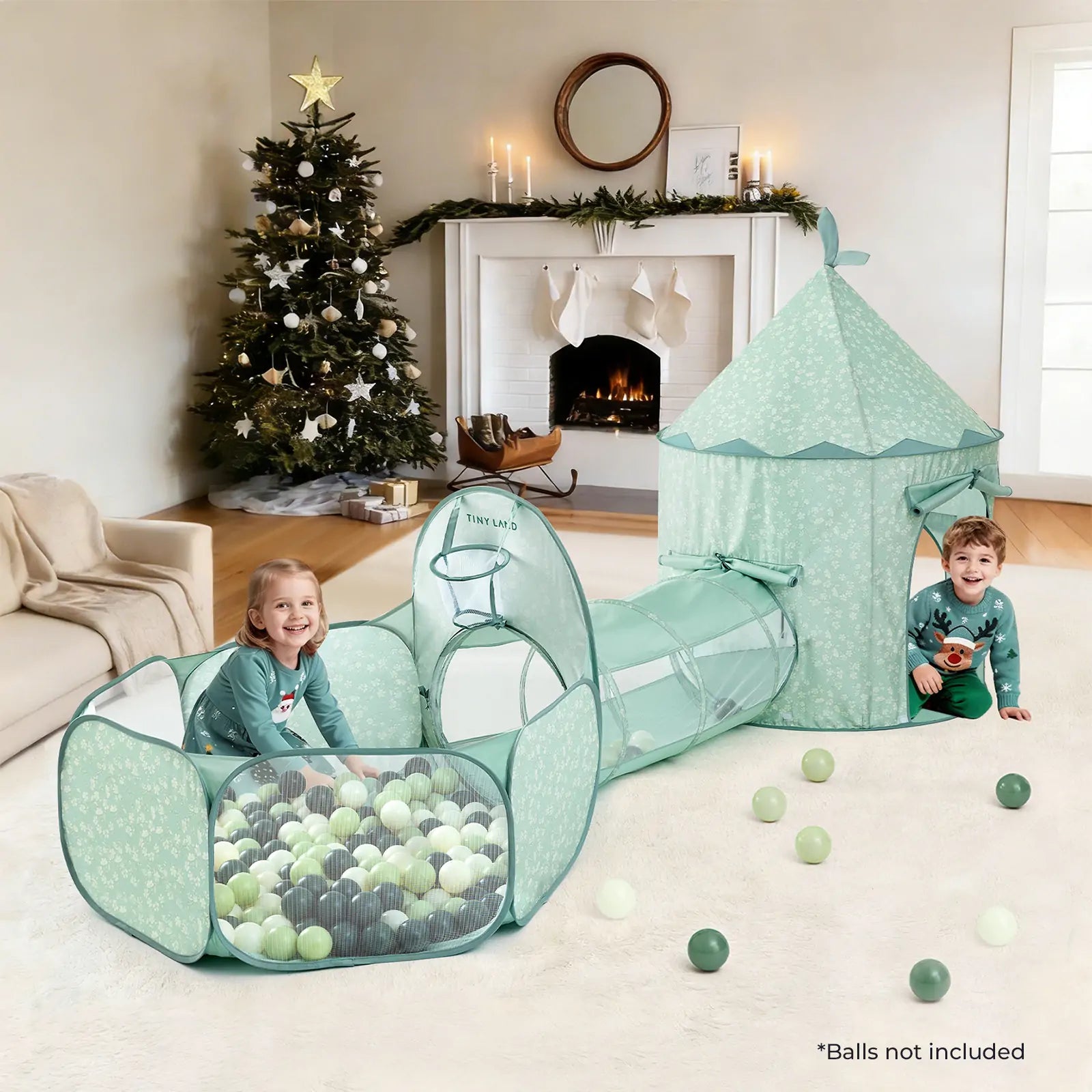 Tiny Land Compact Adventure 3-in-1 Play Tunnel with mint-green floral fabric and teepee tent on Tampa Home & Garden Store