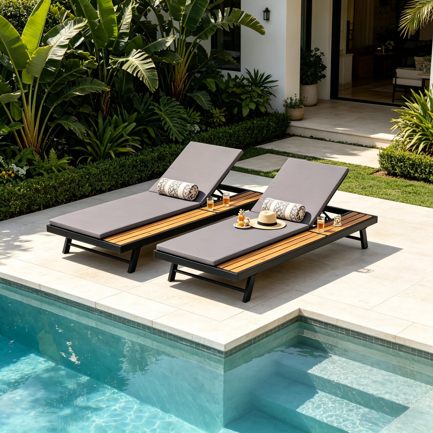 Black Iron and Teak Outdoor Chaise Lounge Set