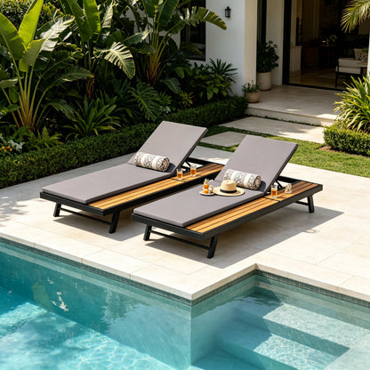 Black Iron and Teak Outdoor Chaise Lounge Set
