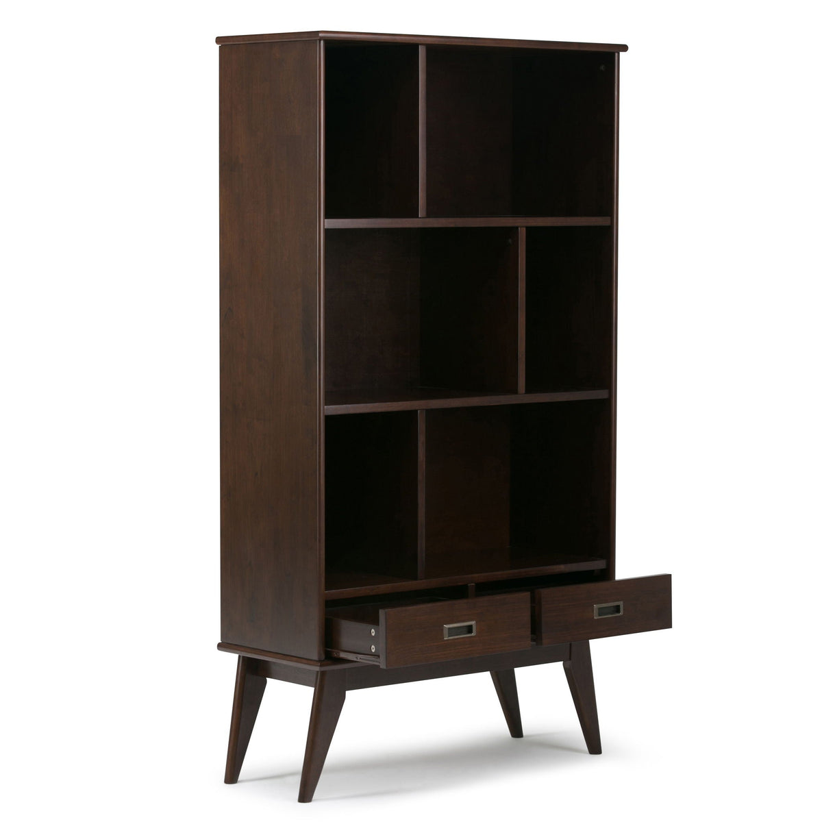 Mid Century Wide Bookcase with open shelves and two lower drawers in dark wood finish on Tampa Home & Garden Store