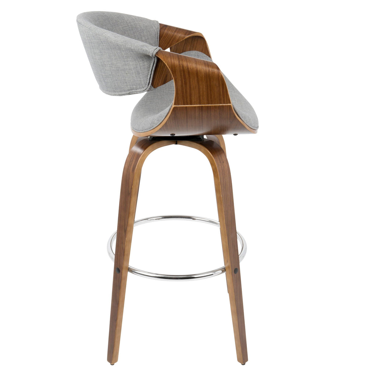 Mid-Century Modern swivel barstool with walnut frame, gray fabric cushions, chrome foot ring on Tampa Home & Garden Store