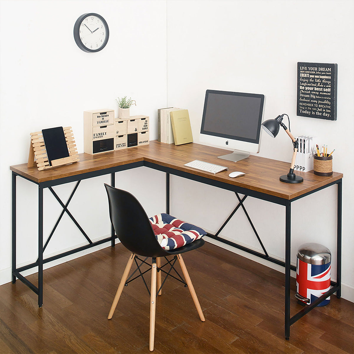 Olympus Corner Desk with Eco-Friendly Board dark brown wood top black metal frame in an office on Tampa Home & Garden Store