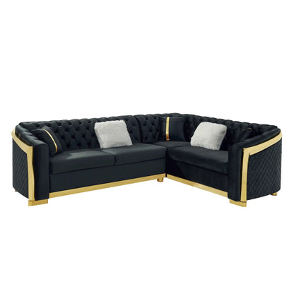 L Shaped Chesterfield sectional sofa in black tufted leather with gold metal frame on Tampa Home & Garden Store