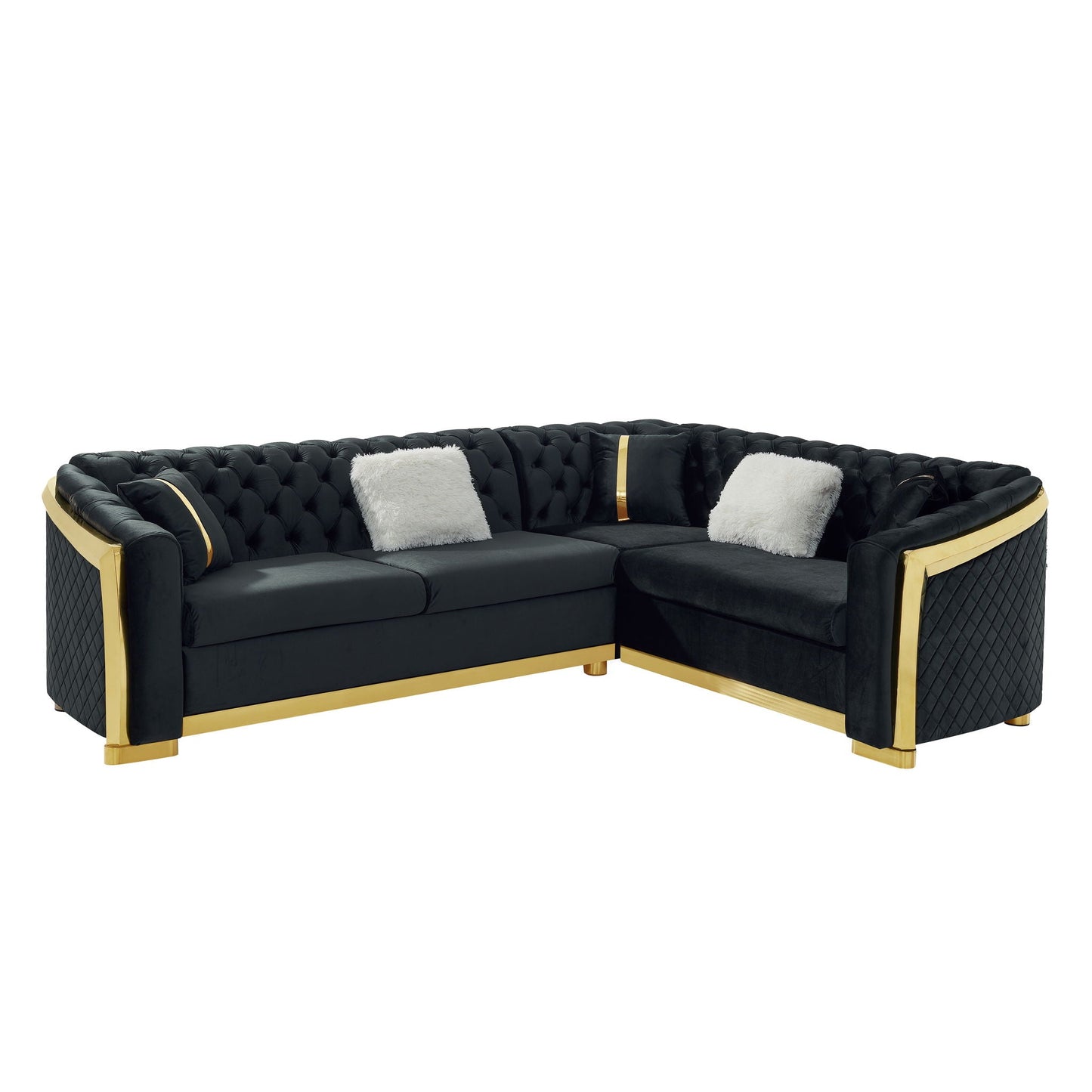 L-shaped Chesterfield sectional sofa by HouseOfZazla, black leather with gold metal accents and white cushions on Tampa Home & Garden Store