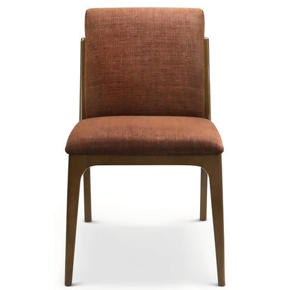 Elegant dining chair set with upholstered light brown fabric and brown legs on Tampa Home & Garden Store