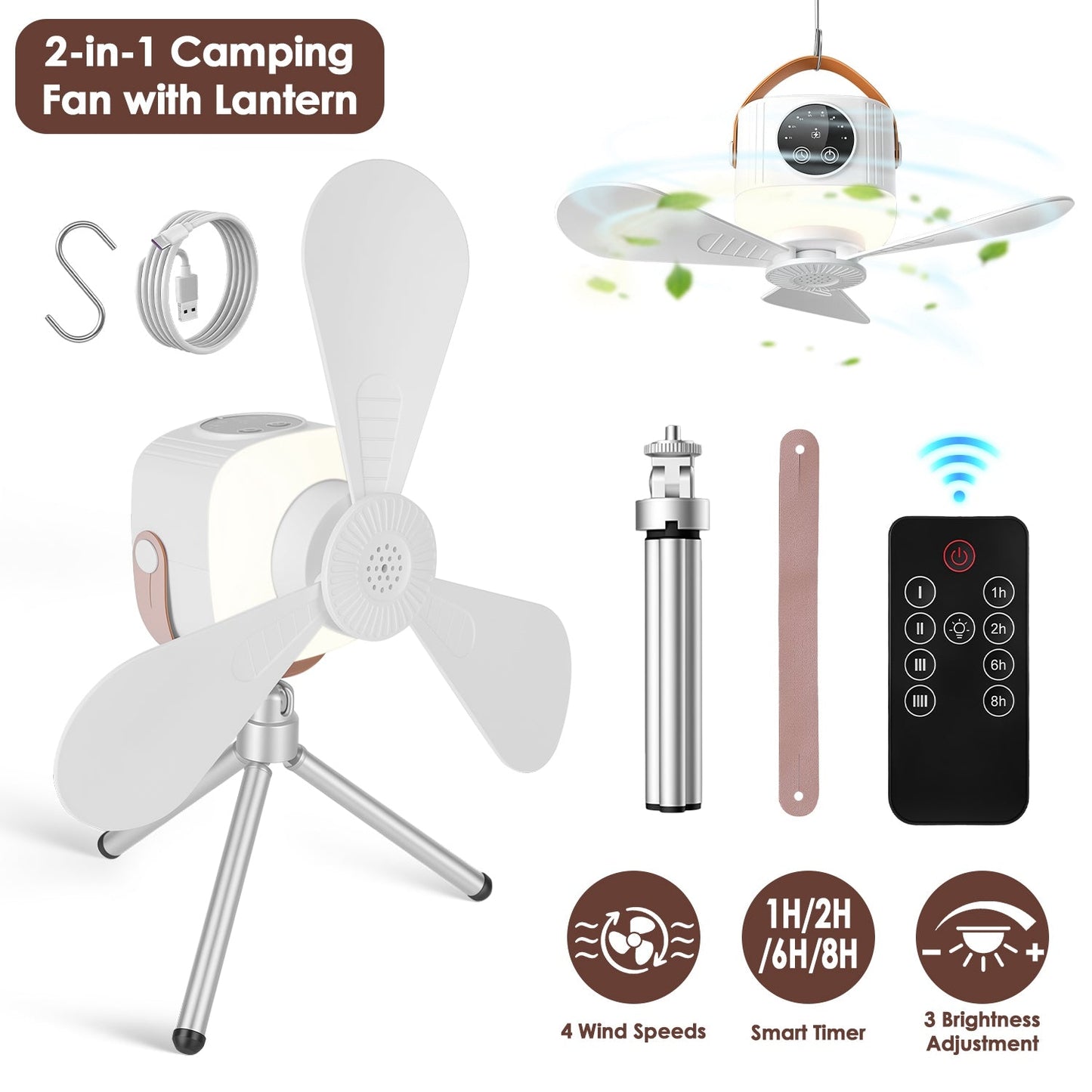 GemGear 2-in-1 camping tent ceiling fan with lantern, white finish, remote control on Tampa Home & Garden Store