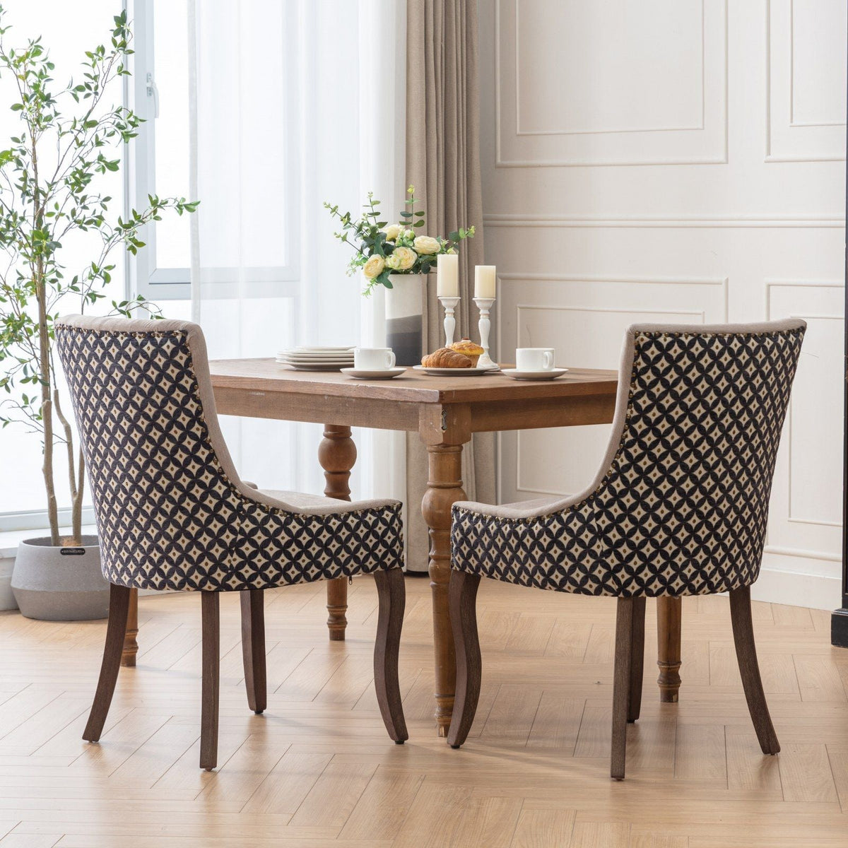 Ultra Side Dining Chair Set with wood legs, black and cream geometric upholstery, 4 chairs on Tampa Home & Garden Store