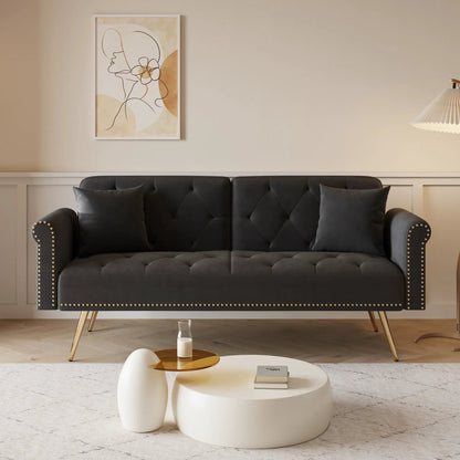 Luxurious sofa bed with nail head trim and matching pillows in dark grey on Tampa Home & Garden Store