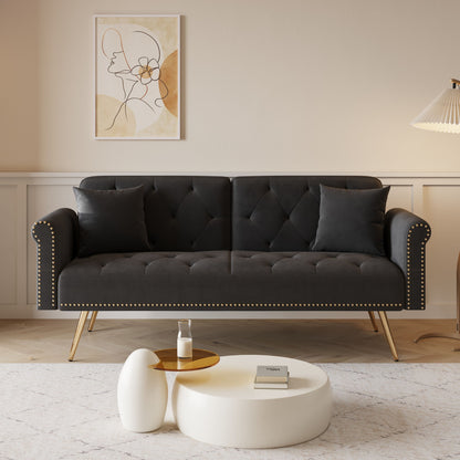 Velvet sofa bed, dark gray, nail-head trim, tufted with matching pillows by HouseOfZazla on Tampa Home & Garden Store