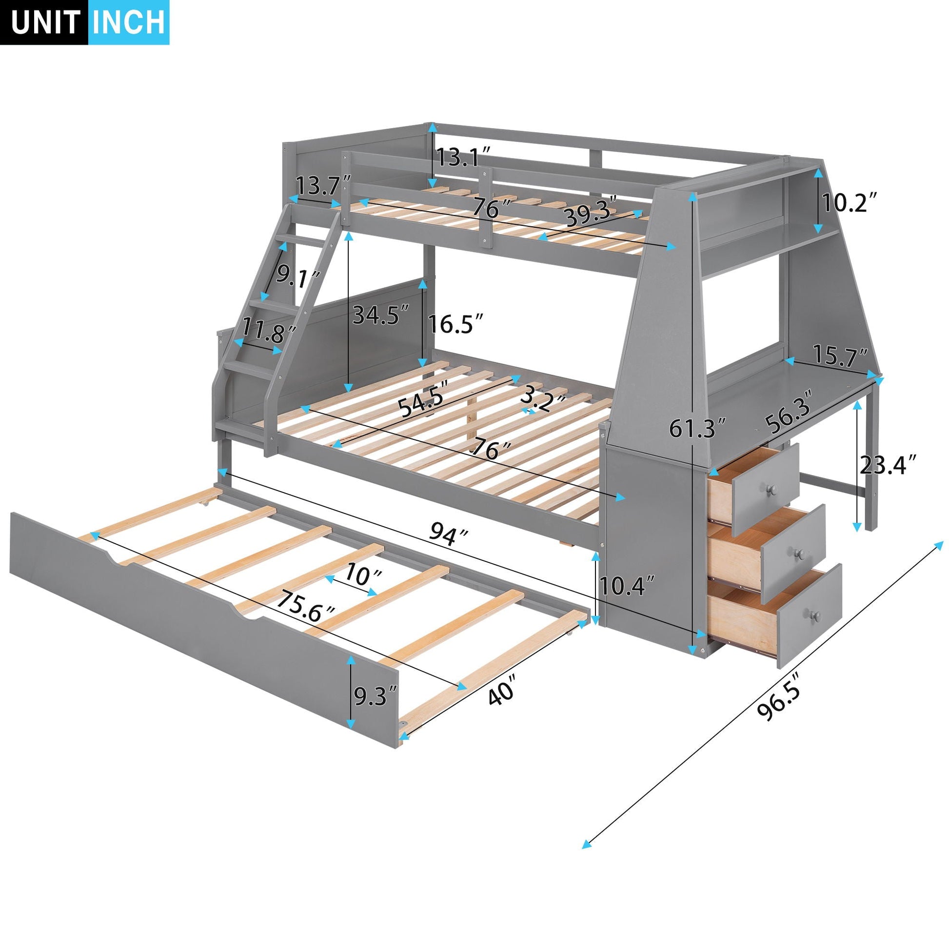 HouseOfZazla bunk bed with trundle, built-in desk and 3 drawers with shelf, metal frame on Tampa Home & Garden Store