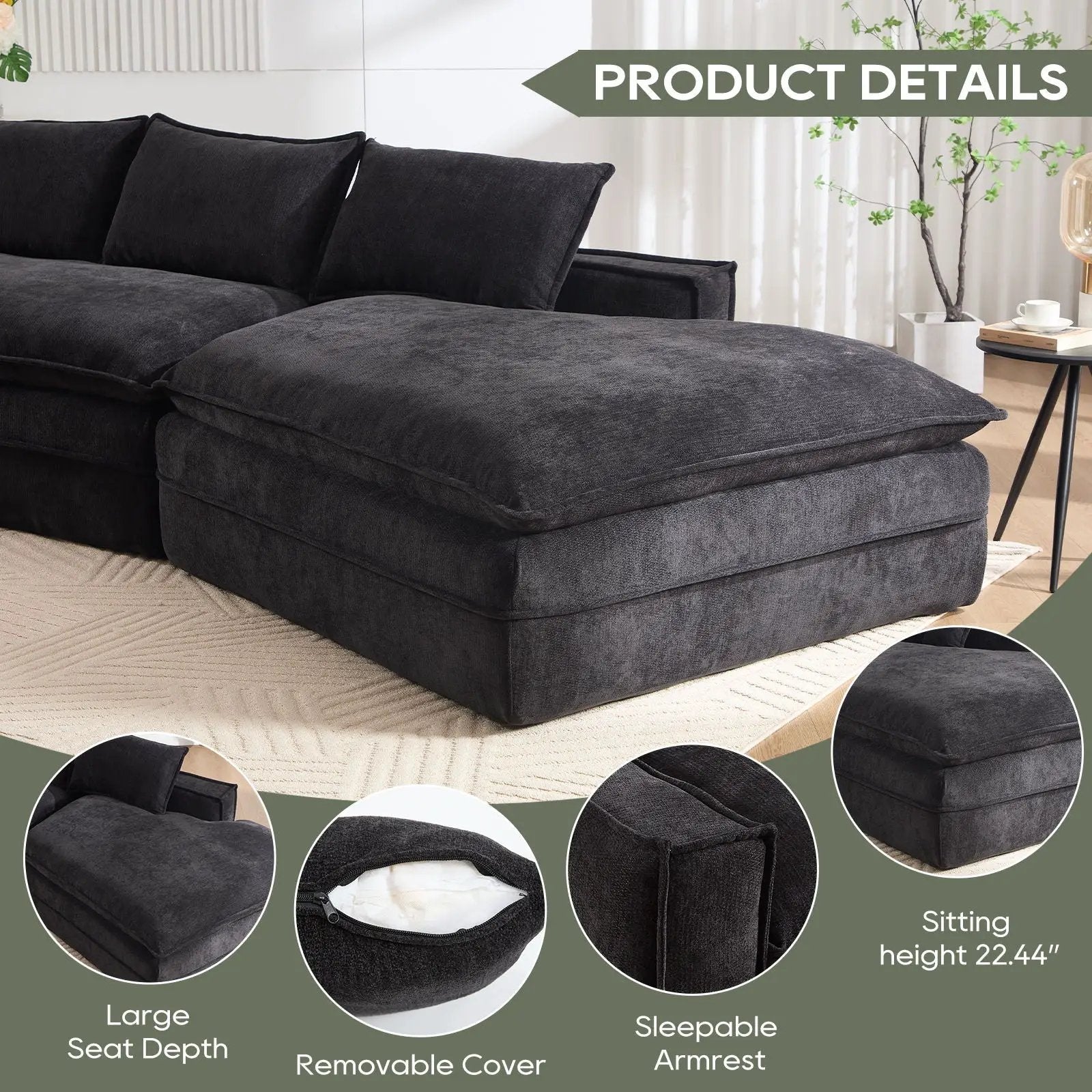 Stationary sectional sofa by Unique Piece Furniture, charcoal fabric with deep seats and right chaise on Tampa Home & Garden Store