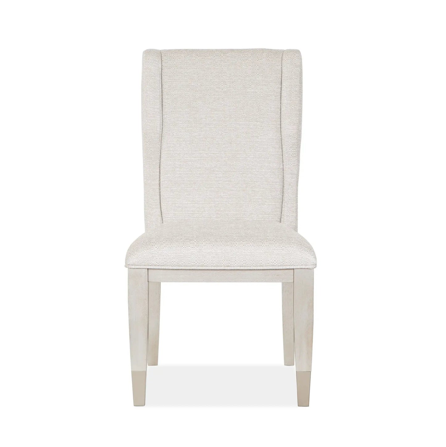 Upholstered host chair set of 2 in warm silver fabric with light wood legs on Tampa Home & Garden Store
