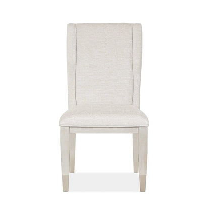 Upholstered host chair set of 2 in warm silver fabric with light wood legs on Tampa Home & Garden Store