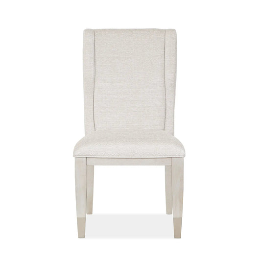 Upholstered host chair set of 2 in warm silver fabric with light wood legs on Tampa Home & Garden Store