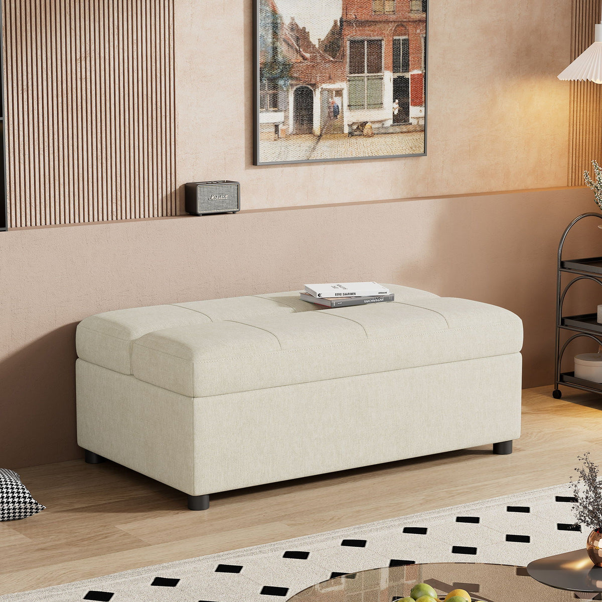 Twin size folding ottoman sleeper bed with mattress in beige upholstery compact guest sofa bed on Tampa Home & Garden Store
