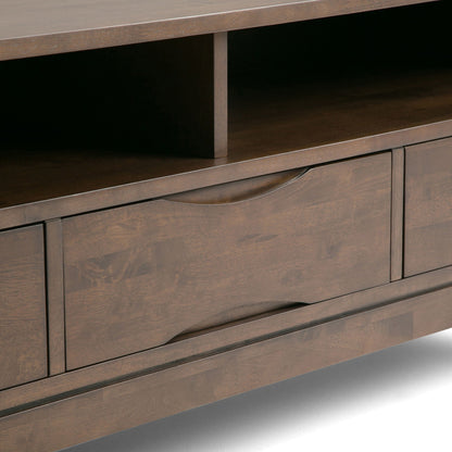 Handcrafted rubberwood TV stand with drawers in warm brown finish by HouseOfZazla on Tampa Home & Garden Store