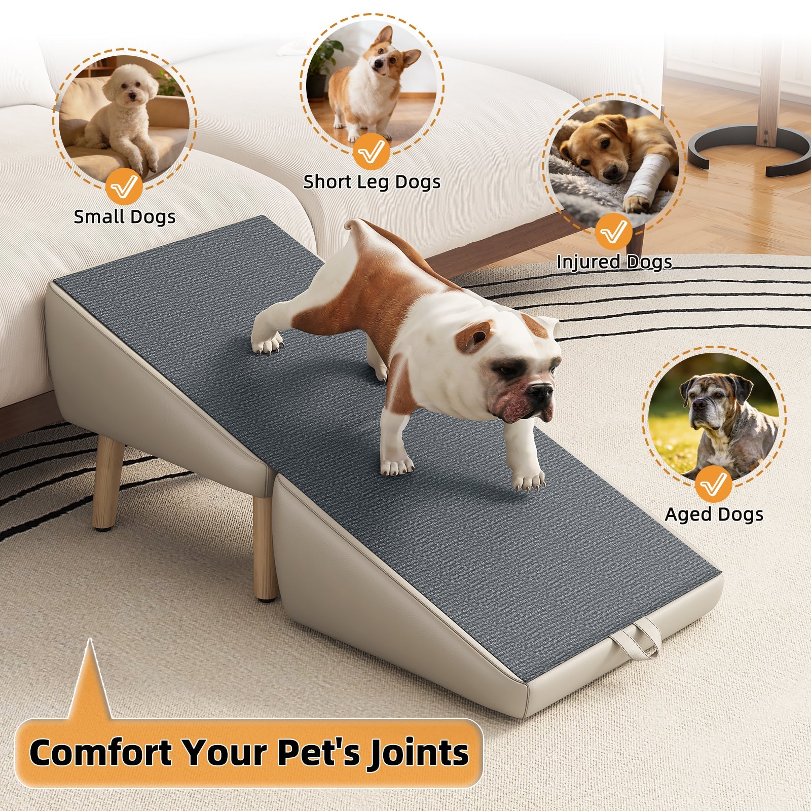 HouseOfZazla 2-in-1 foldable wooden pet stairs with gray fabric top for small dogs and cats on Tampa Home & Garden Store