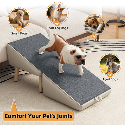 HouseOfZazla 2-in-1 foldable wooden pet stairs with gray fabric top for small dogs and cats on Tampa Home & Garden Store