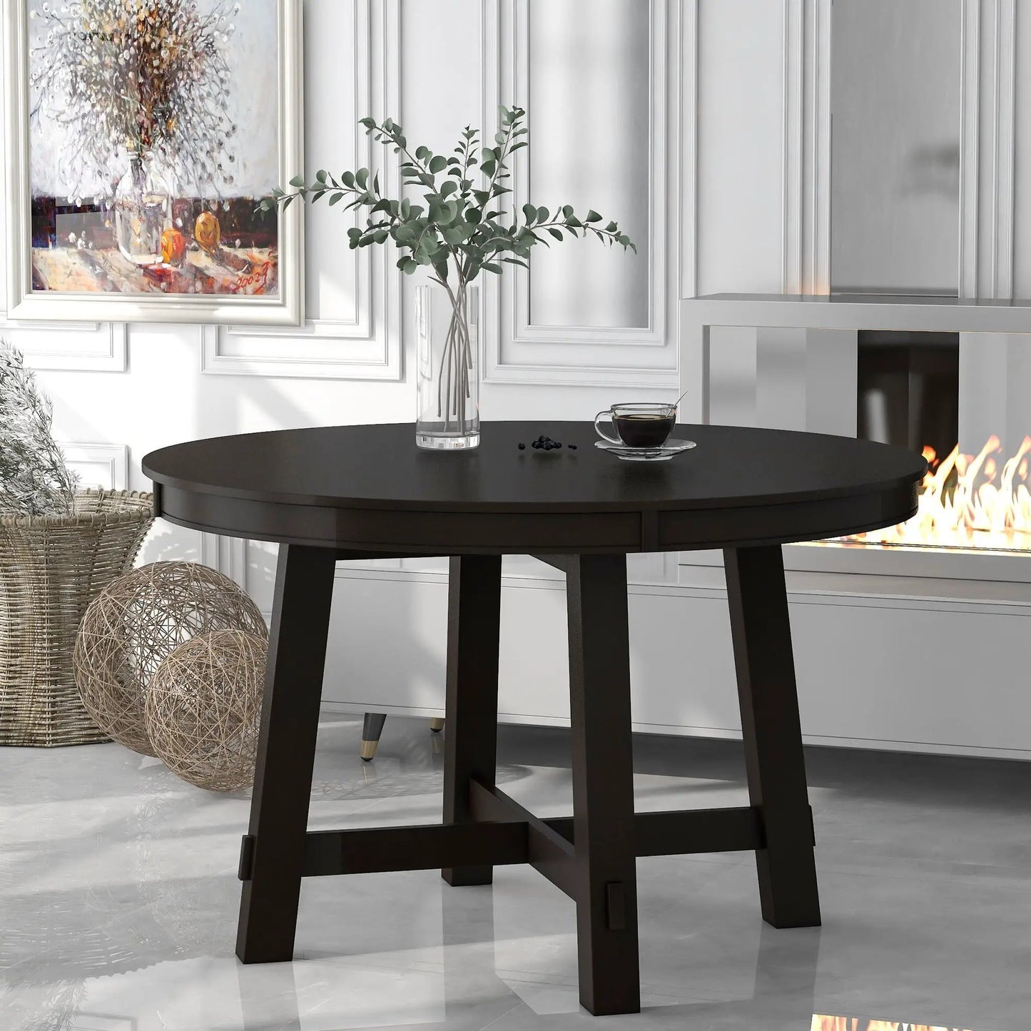 Gia round extendable dining table with 16in leaf in dark wood finish, in a modern dining room on Tampa Home & Garden Store