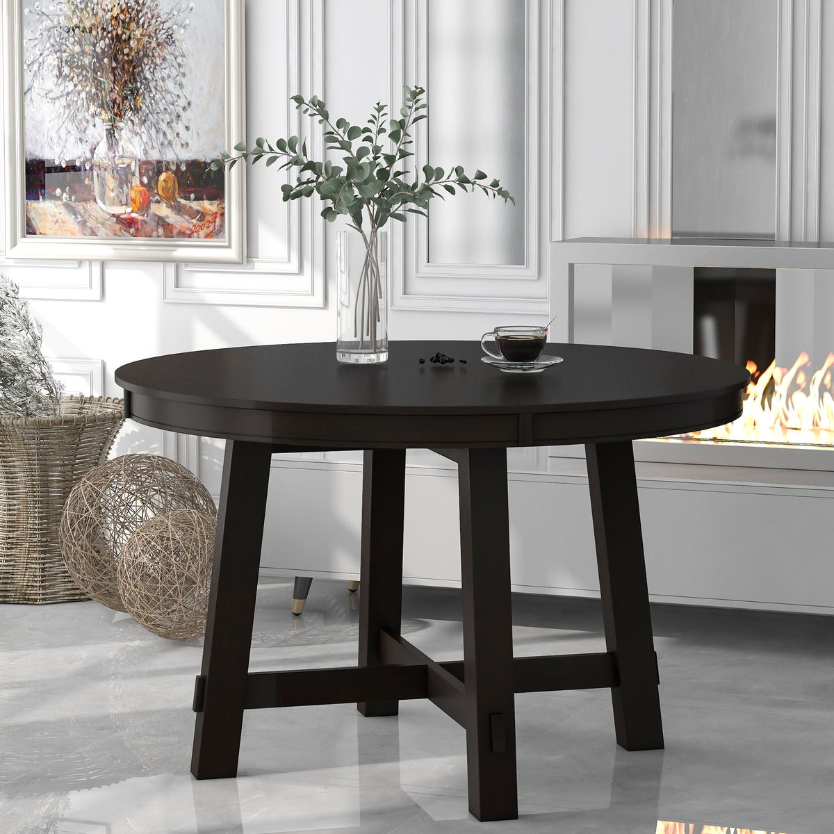 Gia round extendable dining table with 16in leaf in dark brown wood on Tampa Home & Garden Store