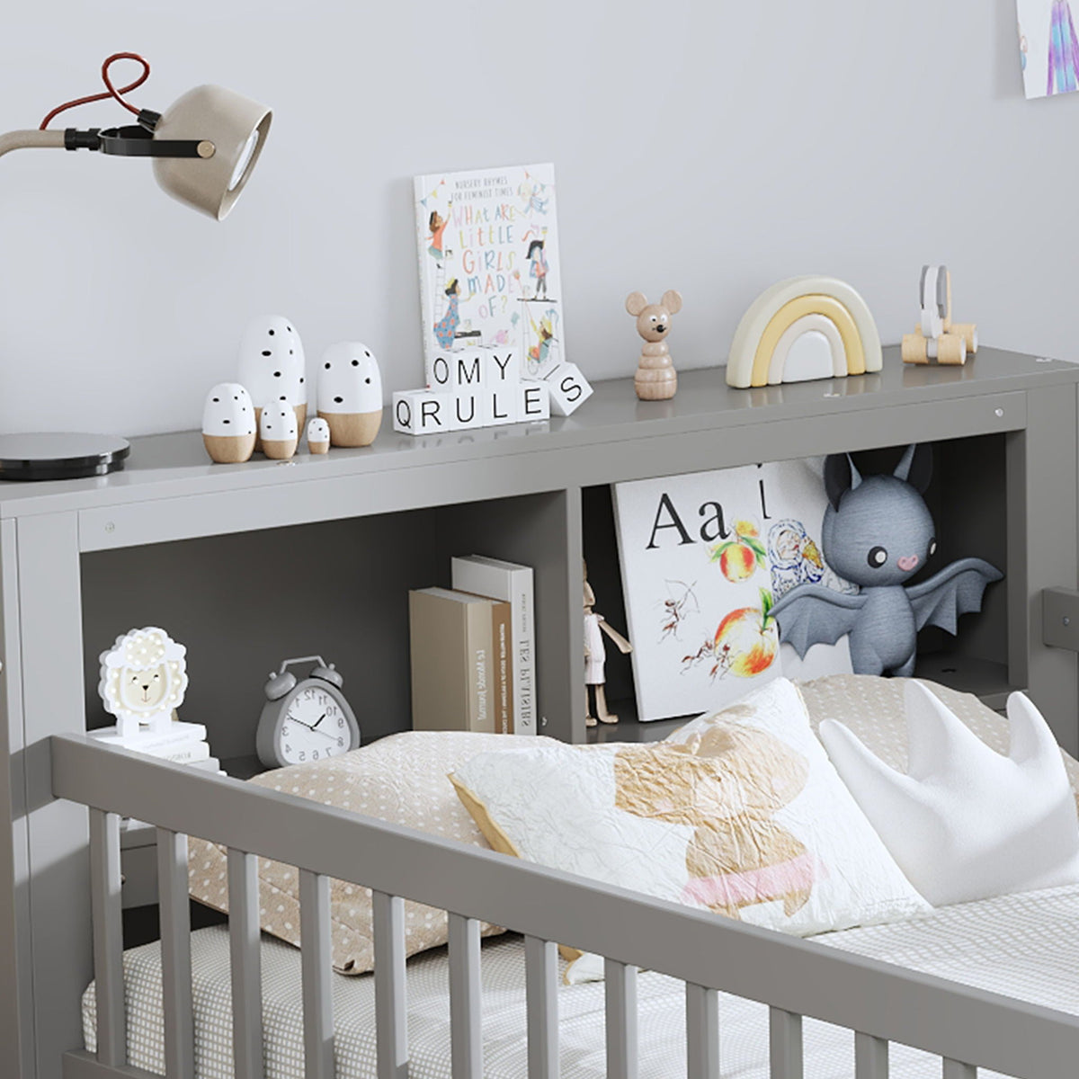 Bed with headboard storage rack, 2 under-bed drawers and 3 side guardrails in gray on Tampa Home & Garden Store