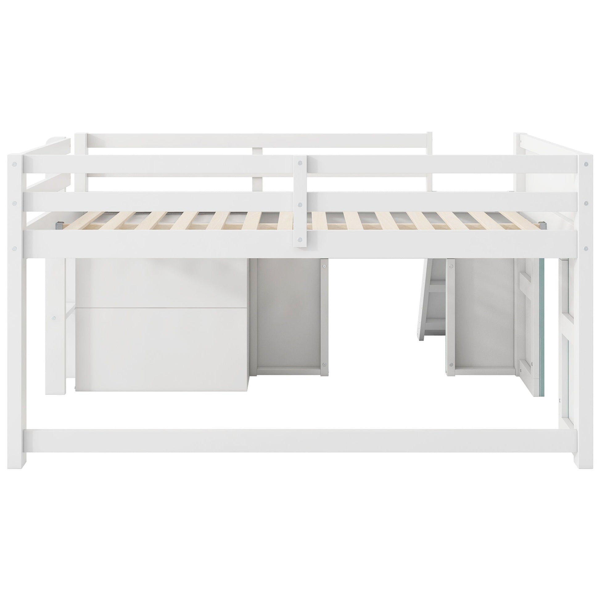 Modern white loft bed with guard rails, side ladder, and built-in under-bed storage on Tampa Home & Garden Store