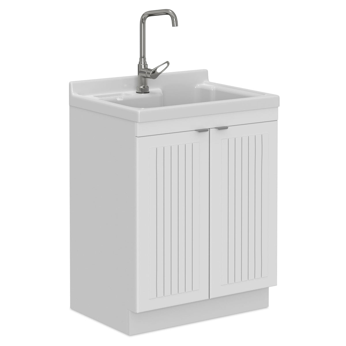White laundry cabinet with stainless steel sink, chrome gooseneck faucet, HouseOfZazla on Tampa Home & Garden Store