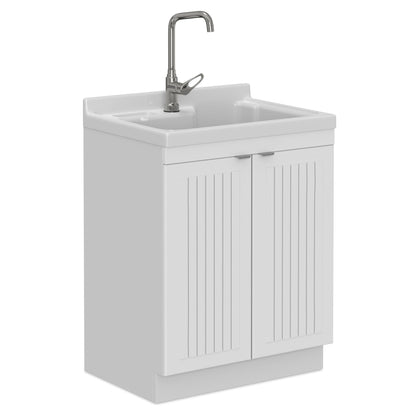 White laundry cabinet with stainless steel sink, chrome gooseneck faucet, HouseOfZazla on Tampa Home & Garden Store