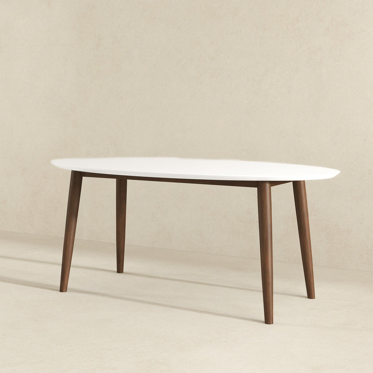 Mid-Century Modern oval dining table with white top and brown tapered legs HouseOfZazla on Tampa Home & Garden Store