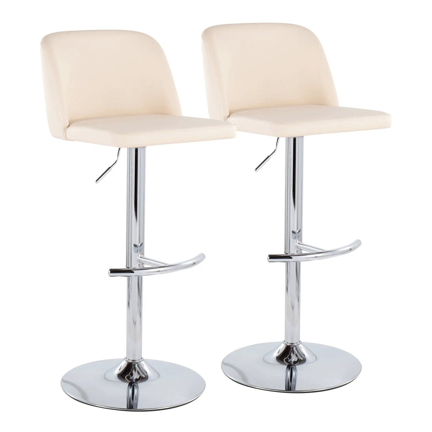 Toriano Adjustable Barstools set of 2 with swivel rounded T-footrest beige chrome bases on Tampa Home & Garden Store
