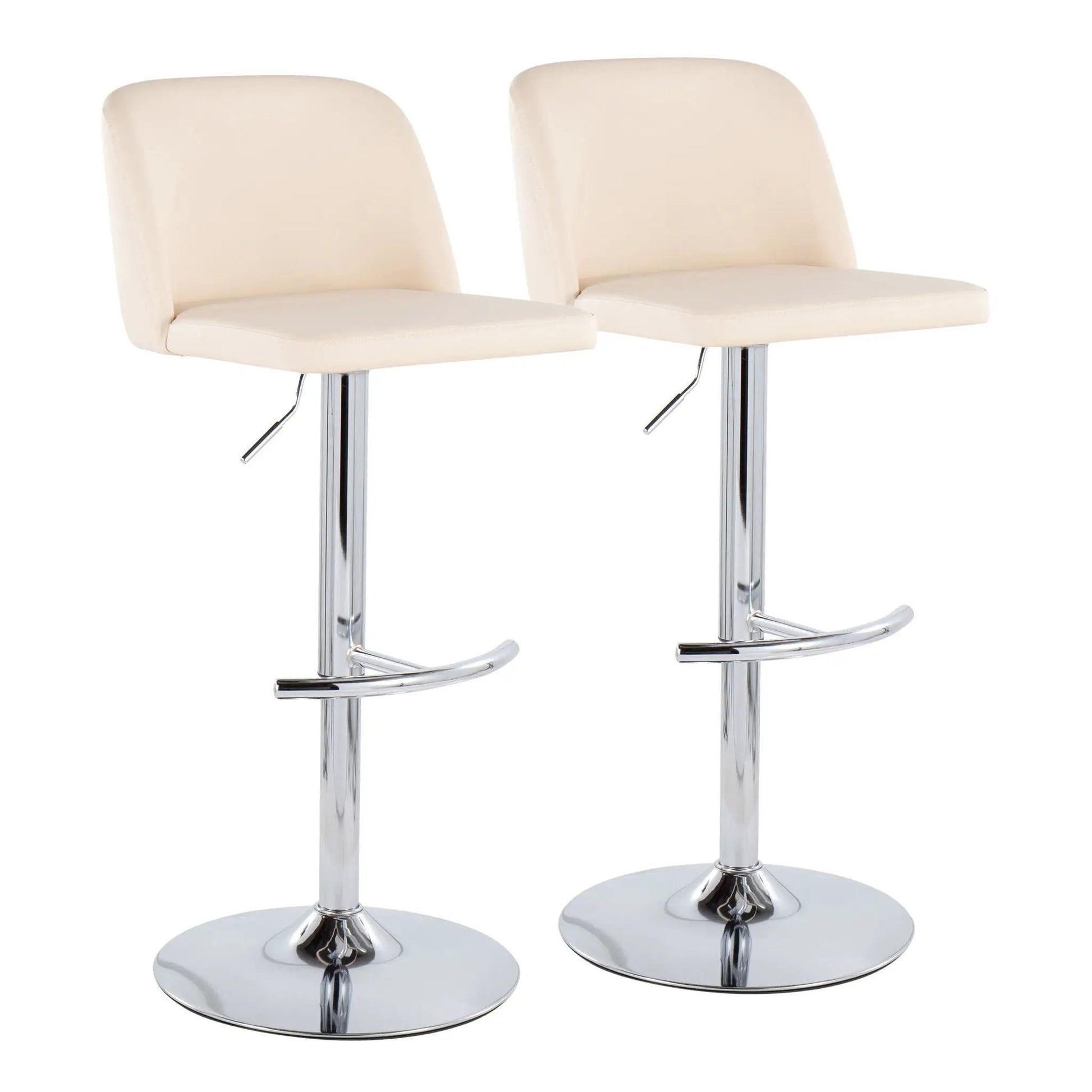 Toriano Adjustable Barstools set of 2 with swivel rounded T-footrest beige chrome bases on Tampa Home & Garden Store