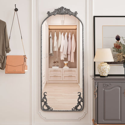 Full body arched wall mirror with vintage carved applique in bronze or pearl silver on Tampa Home & Garden Store