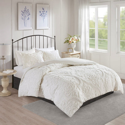 Duvet cover set King/Cal King off-white tufted cotton chenille damask by HouseOfZazla 3-piece on Tampa Home & Garden Store